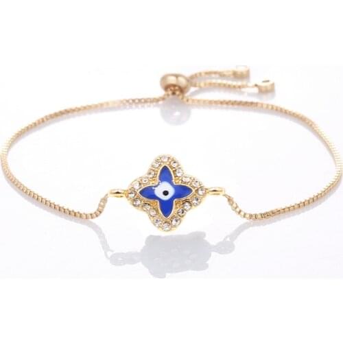 Fashion Turkey Gold Evil Eye Four-leaf Flower Bracelet Royal Blue Eyes Gold Chain Bracelet Adjustable Female Party Jewelry Gift