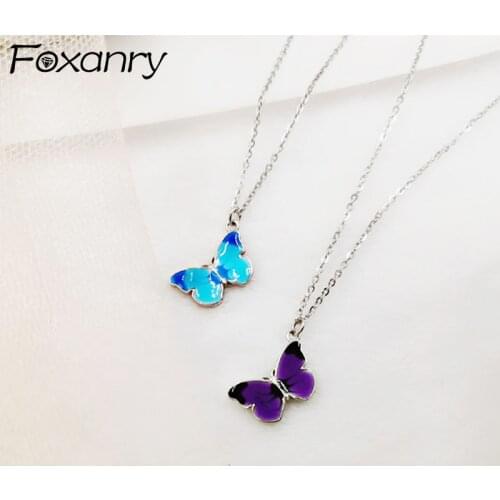Foxanry 925 Sterling Silver Trendy Necklace for Women Fantasy Colorful Butterfly Pendant Clavicle Chain Party Jewelry Gifts