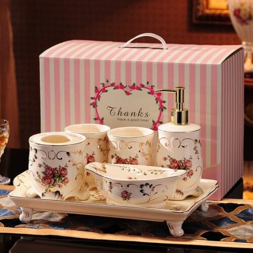 Bathroom Accessories Set Ceramic Soap Dispenser Toothbrush Holder Gargle Cup Whit Tray 5/6 Pieces Set Creative Wedding Gifts