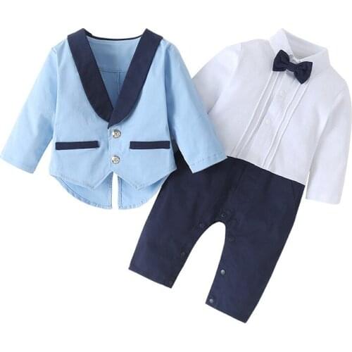 Baby boy performance clothing gentleman dress long sleeve suit spring autumn tuxedo romper +jacket toddler birthday clothes