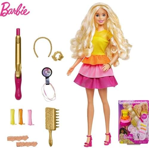 Original Barbie Doll Curly Hair Shimmer Style Rainbow Dress Princess Makeup Accessories Toys for Children Gift Dolls for Girls