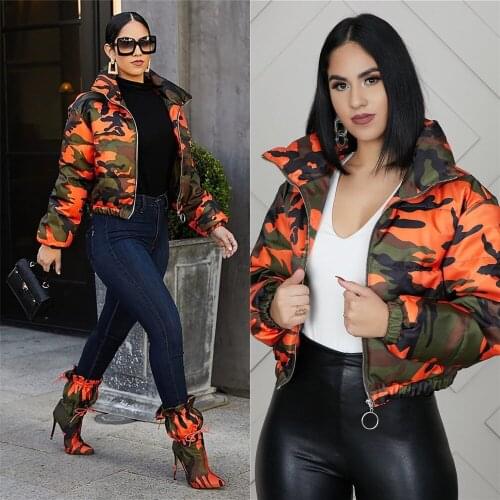 Echoine Wintwer Autumn Orange Camo Print Parka Down Bubble Coat Thick Warm Short Jacket Oversized Parkas Mujer Club Outwear