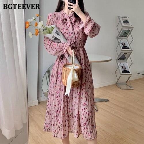 BGTEEVER Vintage Bow Neck Female Floral Dress Long Sleeve Lace-up Pleated Chiffon Midi Dress for Women 2021 Spring Vestidos