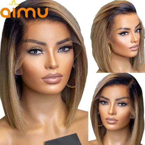 Straight Short Bob HD Transparent 13x4 Lace Frontal Wigs Ombre Honey Blonde Pre Plucked Human Hair Lace Front Wig Bleached Knots