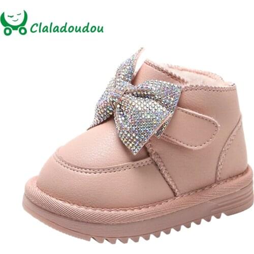 12-15.5CM Children Snow Boots With Thicker Plush Kids Girls Warm Winter Shoes Bling Rhinestone Bow Knot Solid Pure Toddler Boots