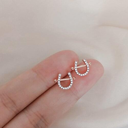 925 Sterling Silver 14K Gold Plating Pave Crystal Horseshoe U-shaped Stud Earrings Women Light Luxury Wedding Party Jewelry