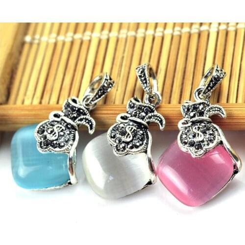 FYJS Unique Silver Plated Geometric Pink and White Cat Eye Stone Pendant with Rhinesonte Jewelry