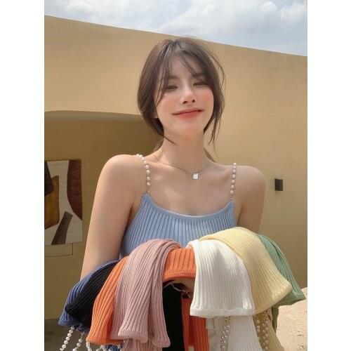 Knitted beaded sling vest female summer French sexy hot girl tight-fitting pink outer jacket with base