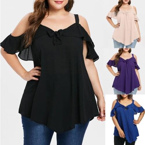 Cold Shoulder Shirts Women 2020 Summer Chiffon Blouse Camis Bow Asymmetric Chiffon Ruffles Tops XL-5XL Plus Size Women Clothes