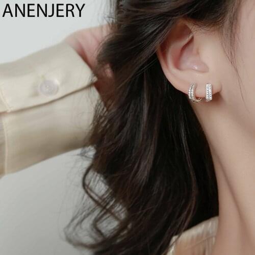 ANENJERY 925 Sterling Silver Double Layer Round Square Hoop Earrings for Women Geometric CZ Earrings Daily Jewelry S-E1359