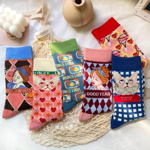 Women Socks Novelty Creative Animal Jacquard Breathable Cotton Socks Crazy Cartoon Cat Heart Plaid Racket Beauty Funny Cute Sock