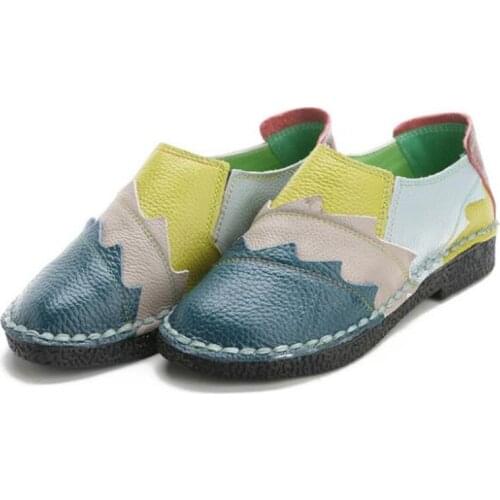 Famous 2020 Spring New Round Head Genuine Leather Shoes Mixed Color Fashion Casual Shoes Comfort Non-slip Flat Shoes Women Shoes