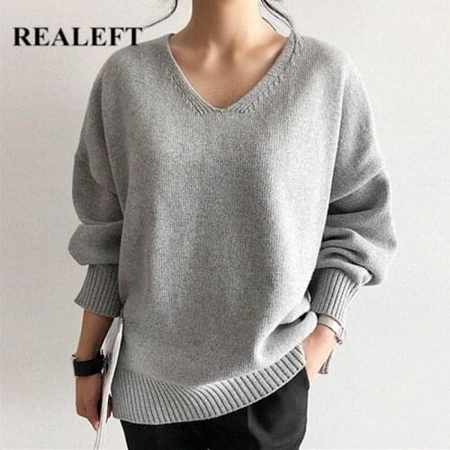 REALEFT Elegant Autumn Winter Solid Oversized Womens Sweater Loose Knitted Sweaters V Neck Long Sleeve Pullover Chic Top Female