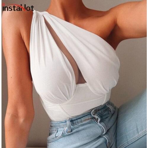 InstaHot Women Hollow Out Inclined Shoulder Tank Top Casual Bandage Summer 2021 Female Sexy Crop Top Slim Streetwear Solid Top