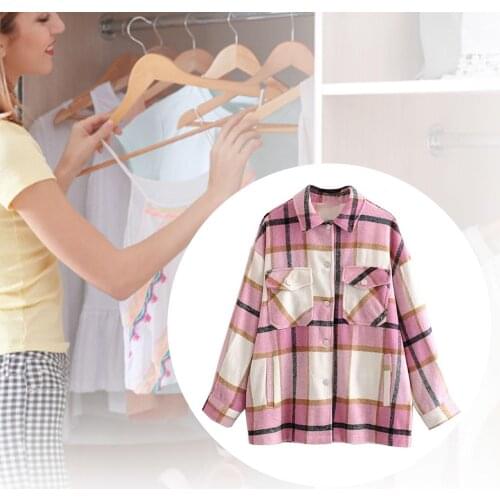 2021 Lady Fall Winter Cotton Plaid Open Front Coat Single-breasted Lapel Collar Women Thick Warm Long Sleeve Loose Jacket Tops