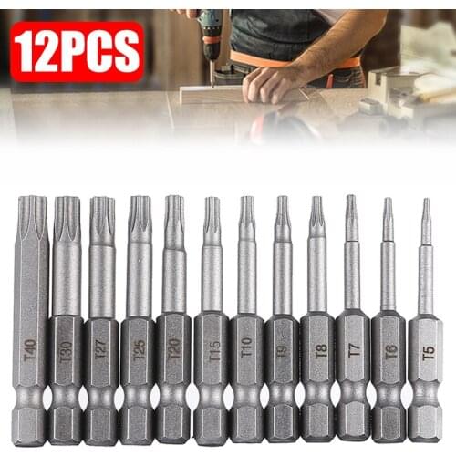 12Pcs 1/4" 50mm Long Magnetic Torx Electric Screwdriver Bits Set High Quality Torx Screwdriver T5-T40