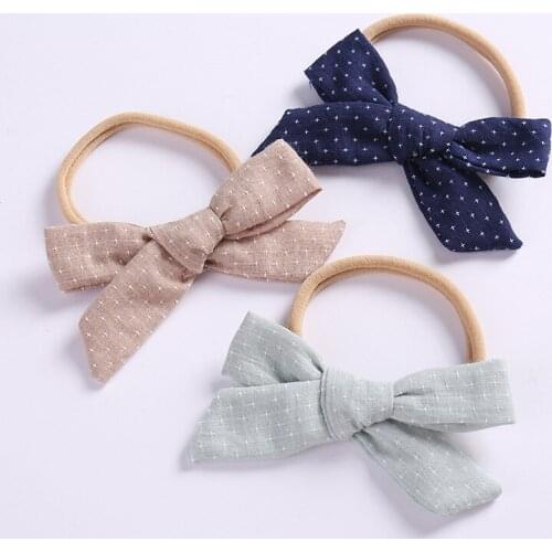 16 pcs/lot, Hand Tied Cotton Linen Hair Bow on Super Soft Thin Nylon Headbands, Baby Girls Hair Accessories