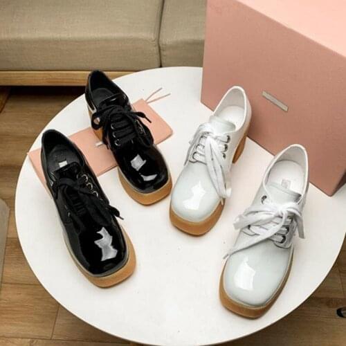 2021 European And American Square Toe High-Heeled Leather Womens Shoes Sweet And Fashionable Medium Thick Womens Shoes