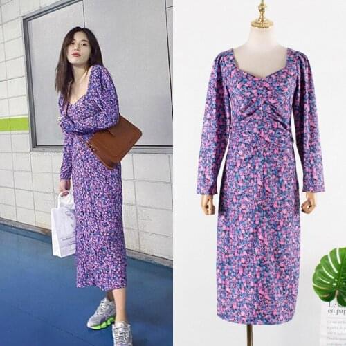 Kpop 4Minute Kim Hyun A New Purple Floral Square Neck Bohemian Dress Women Holiday Style Temperament Lantern Sleeve Long Dresses