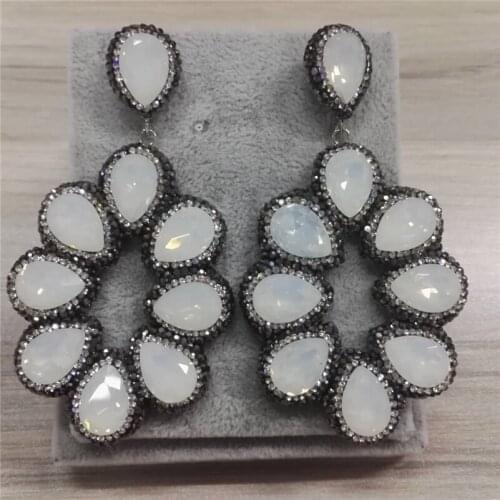 Big Hollow Teardrop Water drop Connector Beige Opal Rhinestone Beads Charms XL Chandelier Dangle Earring For Women