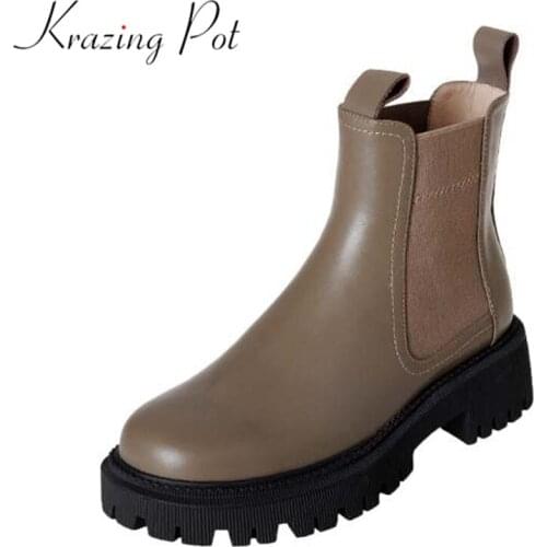 Krazing pot 2021 genuine leather round toe Chelsea boots thick heels winter British school platform punk design ankle boots l13