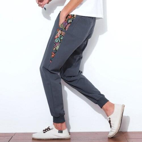 #8038 Spring Autumn 2021 Cotton Linen Pencil Harem Pants Men Elastic Waist Side Spliced Streetwear Casual Fashion Jogger Pants