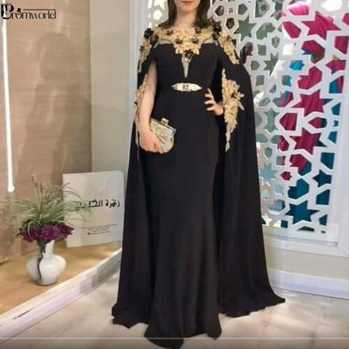 Black Moroccan Kaftan Evening Dresses Lace Appliques 3D Flowers Satin Women Arabic Muslim Special Occasion Formal Party Gown