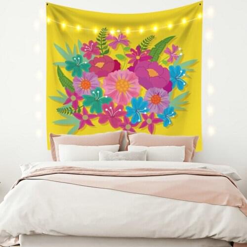 Colorful Flowers Yellow Tapestry Vintage Exotic Summer Plant Nature Frame for Bedroom Photography Wall Decor