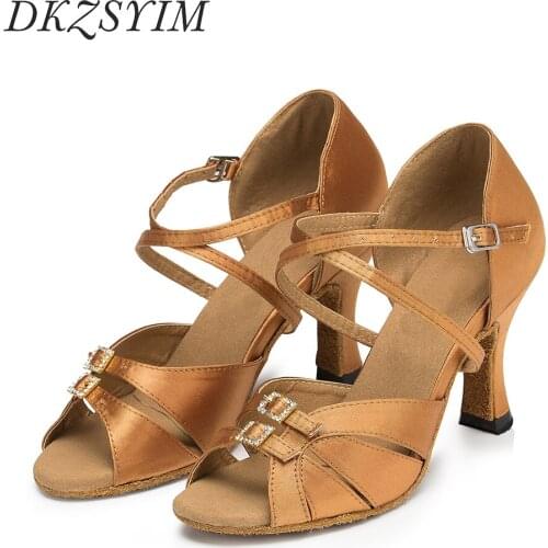 DKZSYIM Black Ballroom Latin Dance Shoes Women Satin Professional Dancing Shoes Rhinestone Buckle Dance Sandals High Heels 5-10