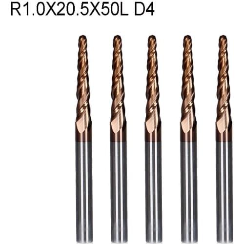5pcs/lot R1.0*D4*20.5*50L*2F HRC55 Tungsten solid carbide Coated Tapered Taper Ball Nose End Mill cone type cnc milling cutter