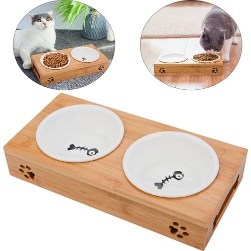 Pet Ceramic Feeding Water Bowls Cat Bowls Non Skid Pet Feeder Bowl Pet Food Bowl With Bamboo Stand For Dogs Cats Random Design