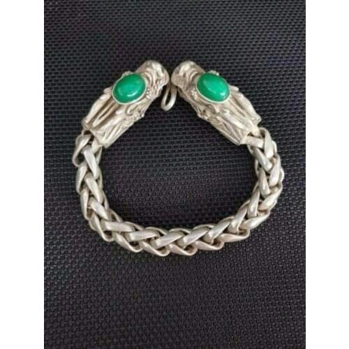 Chinese Fashion Women Men Green Jade Inlaid Old Tibetan Silver Bracelet
