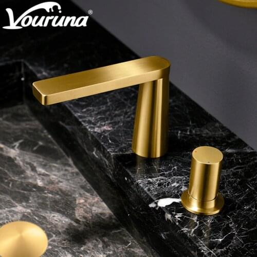 VOURUNA Luxurious White 2-hole Bathroom Faucet 8 Inch Widespread Lavatory Faucet Basin Mixer Tap Brushed Golden