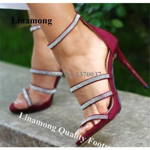 Linamong Bling Bling Rhinestone Straps Stiletto Heel Sandals Suede Leather Back Zipper-up Crystal High Heel Sandals Dress heels