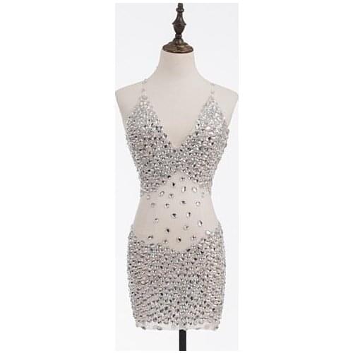 Fashion New Styles Shining Rhinestone Banquet V Neck Suspenders Slim Nightclub Birthday Celebrate Party Stones Dress