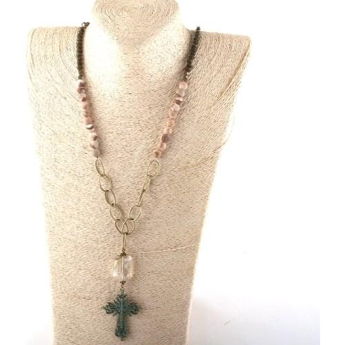 Fashion Bohemian Jewelry Natural Stone & Glass Crystal Long Chain Cross Pendant Necklaces For Women Ethnic Necklace