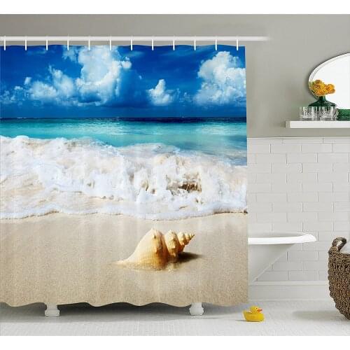 Seashells Ocean Shower Curtain Decor Nautical Picture Bright Sunny Sand Waves Picture Print Polyester Fabric Bathroom Set