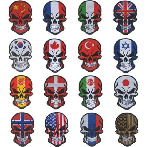 SKULL Patch SPAIN RUSSIA USA Israel Canada Spanish UK TURKEY France Flag BADGE Tactical Military Emblem Patch Applique