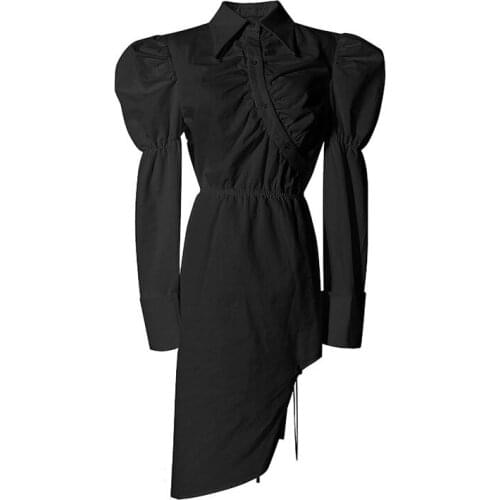 SeeBeautiful Stitching Irregular Loose Dress Lapel Puff Sleeve Single Breasted Expose Back New Fashion 2021 Autumn Women M631