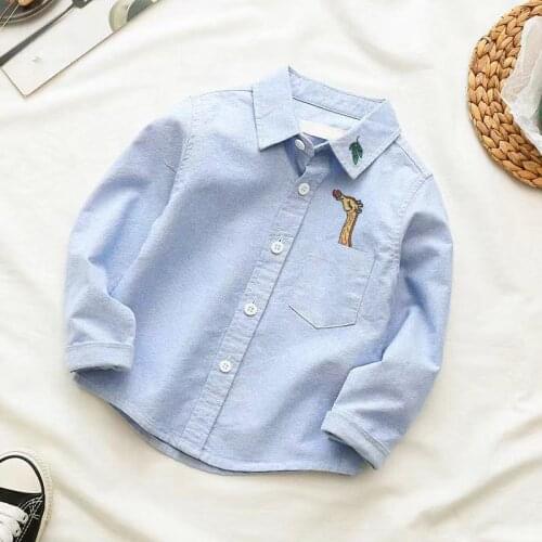 Spring Autumn Fashion Full Sleeve Embroidery giraffe Boy Shirts Cotton Solid Color 3T-12T School Kid Clothes