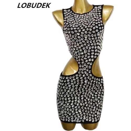 Sexy Midriff Costume Rhinestones Black Bodycon Dress Sleeveless Birthday Prom Evening Party Outfit Bar Lady Singer Stage Wear