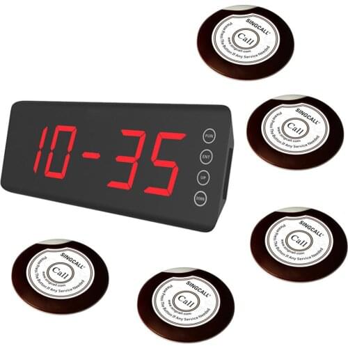 SINGCALL Wireless Calling Alarm Paging System. 5 Table Bells Buttons APE700 White Color and 1 Display Screen Receiver SC-R50