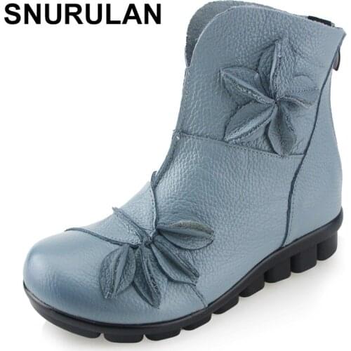 SNURULAN New Winter Shoes Women Cow Leather Flower Shoes Med Heel Breathable Ankle Boots Genuine Leather Women Boots