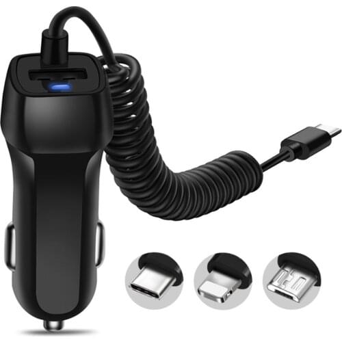 Universal Car Charger With 1.5m USB Cable Mobile Phone Charger For iphone for Samsung Micro USB Type C Fast Car Phone Charger