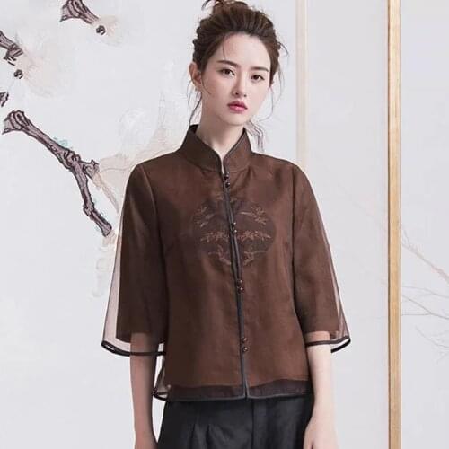 2021 Spring Summer Women Chinese Style Vintage Embroidery Organza Chipao Blouse Top , Woman Casual Cheongsam Blouses