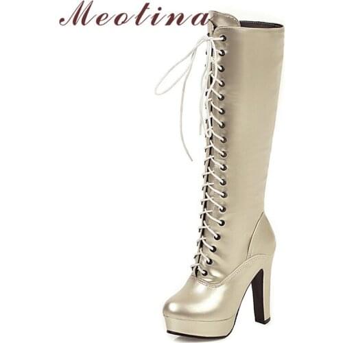 Meotina Long Boots Women Shoes Platform Super High Heel Knee-High Boots Zip Lace Up Thick Heels Boots Lady Winter Golden Size 46