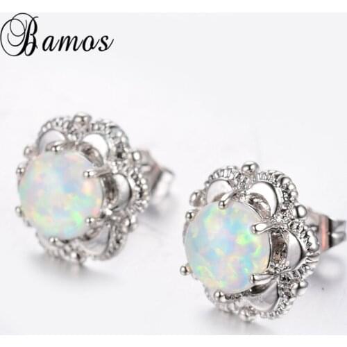 Bamos Small Flower Stud Earrings For Women White/Blue Fire Opal Earrings White Gold Filled Jewelry Wedding Party Accessories