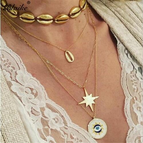 Blaike Fashion Bohemia Shell Choker Necklace Charm Gold Filled Devils Eye Star Multi-layer Pendants Chain Necklace For Women