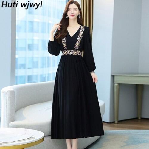 2021 Vintage Elegant Black Embroidery Dress Autumn Winter Women Bodycon Party Long Robe Vestido Cotton Casual Evening Maxi Dress