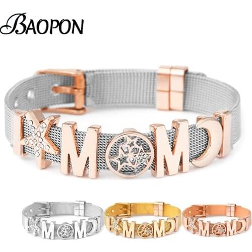 Silver Color Stainless Steel Strap Bracelet For Women Men With Shiny Moon Star Mom Beads Bracelets Bangle As Mother Jewelry Gift